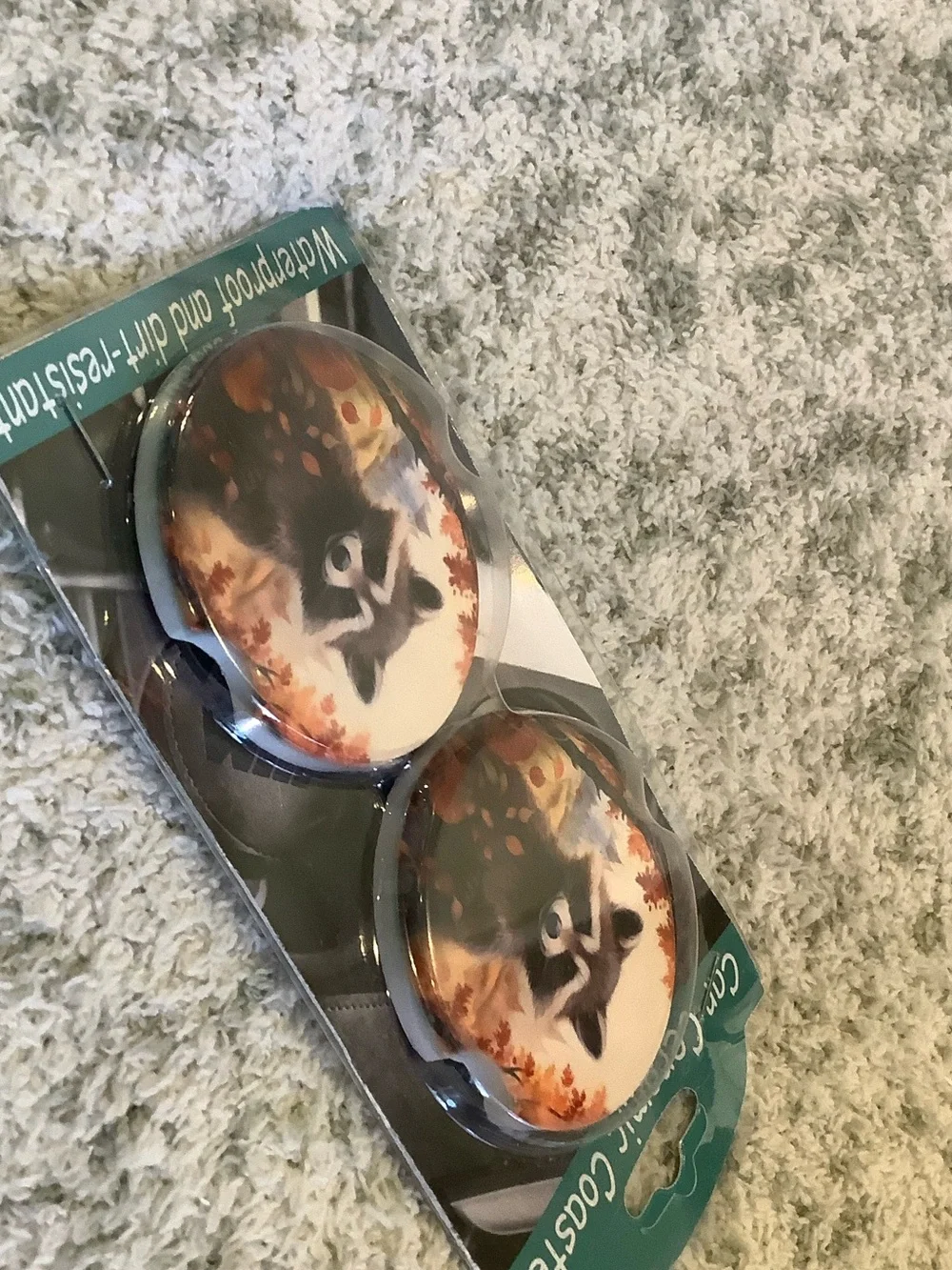 Raccoon Ceramic Car Coaster Set of Two, NWT waterproof 2.75”